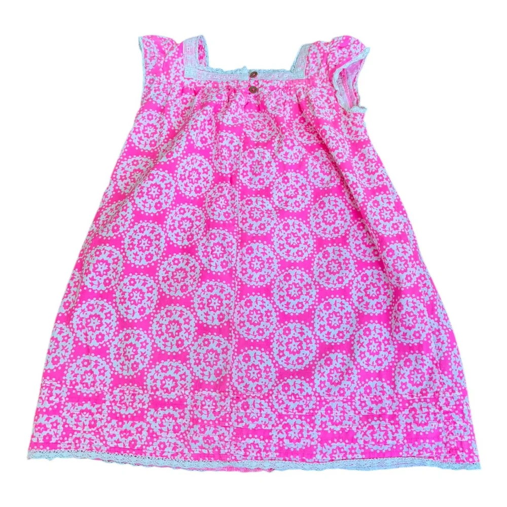 Mini Boden Girls Dress Size 2-3Y – Pink Floral Medallion Print with Lace Trim